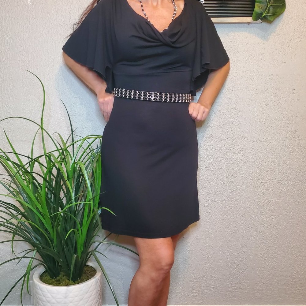 Casa Lee Black Jersey Knit Batwing dress with low scoop collar SZ S/M